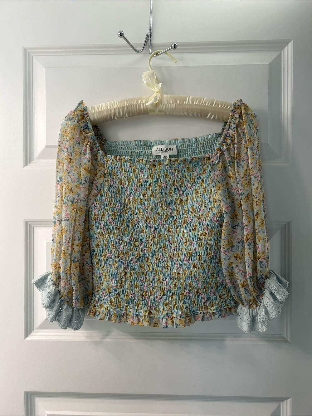 Allison Smocked Floral Puff-Sleeve Blouse in Pastel Blue Cottagecore